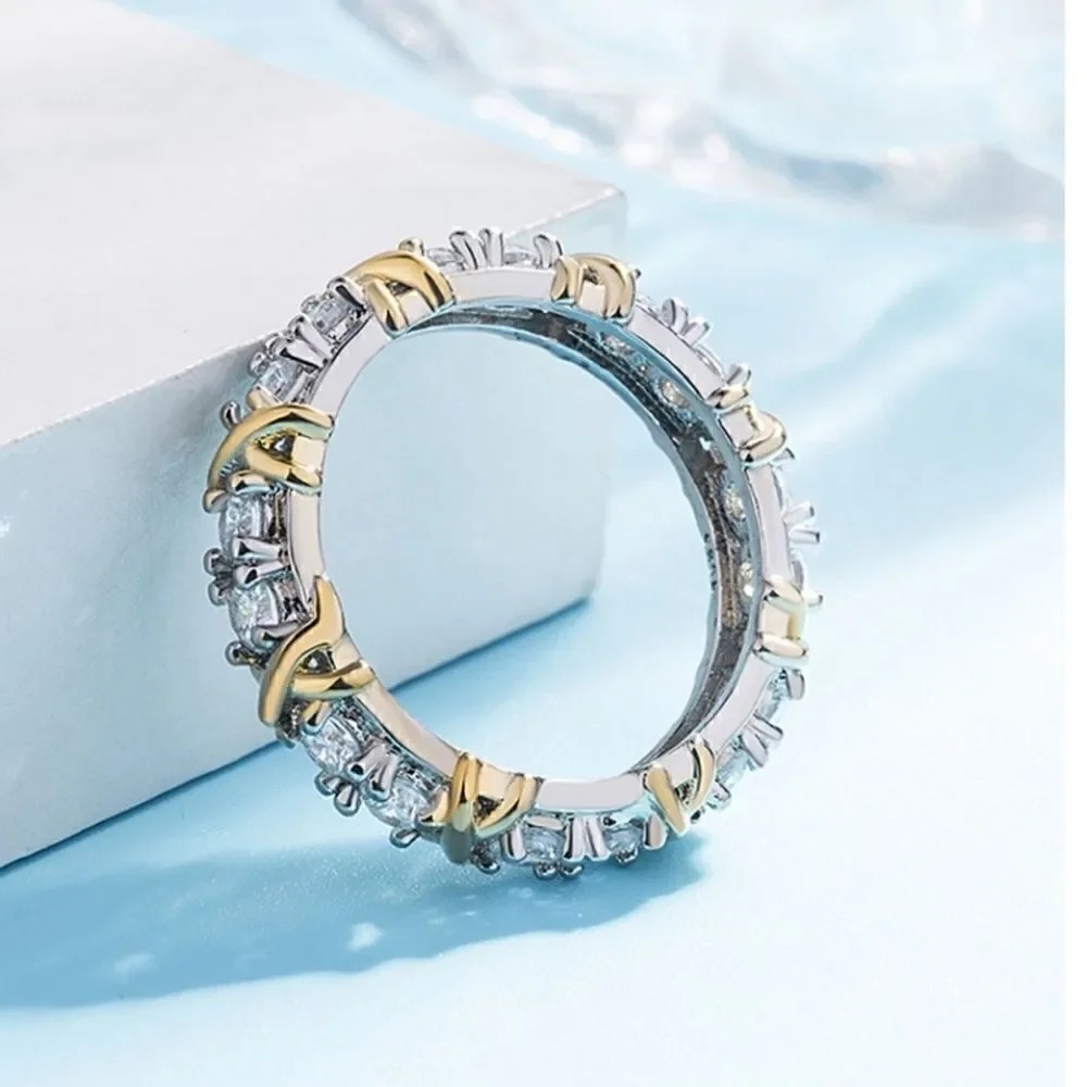 Exquisite Dual Color X Ring Platinum Plated Rhinestone Women Jewelry Accessories